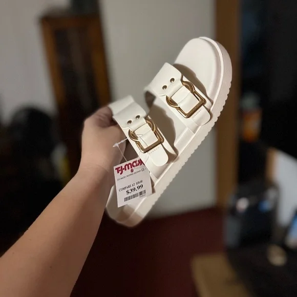 Steve Madden Cream Slide Sandals with Silver Buckles - Picture 2 of 3